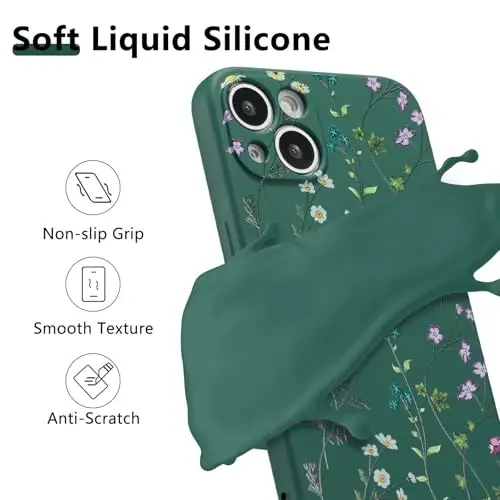 RALEAVO Floral Case for iPhone 15 Plus,Liquid Silicone Cover with Cute Flower Branch Pattern for Girls Women Slim Soft Rubber Protective Phone Case for iPhone 15 Plus (6.7