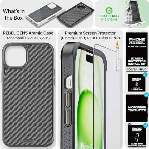 REBEL Case for iPhone 15 Plus [Gen-5 Aramid Fiber] Strong MagSafe Compatible, Grippy Sides, Shockproof Corners, CNC Metal Buttons, Upgraded Protective Design, 6.7 Inch Phone 2023 (Black) - 6