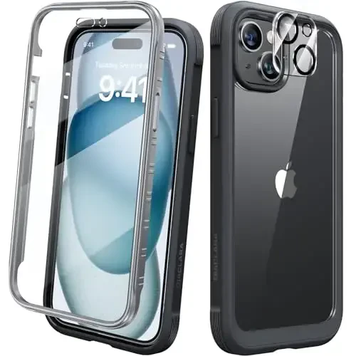 Diaclara Designed for iPhone 15 Plus Case 6.7'', Full-Body Clear Bumper Case with Built-in Screen Protector, 360 Protective Rugged Cover+9H Tempered Glass Camera Lens Protector, Black 