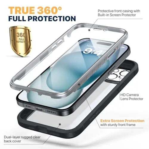 Diaclara Designed for iPhone 15 Plus Case 6.7'', Full-Body Clear Bumper Case with Built-in Screen Protector, 360 Protective Rugged Cover+9H Tempered Glass Camera Lens Protector, Black | 6.7'' - 2