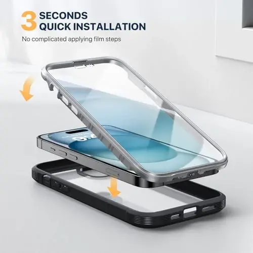 Diaclara Designed for iPhone 15 Plus Case 6.7'', Full-Body Clear Bumper Case with Built-in Screen Protector, 360 Protective Rugged Cover+9H Tempered Glass Camera Lens Protector, Black | 6.7'' - 6