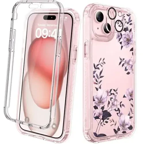 Diaclara Designed for iPhone 15 Plus Case 6.7 Inch Clear Floral Design,Full Body 360 Case w/Built-in Screen Protector+9H Glass Camera Lens Protector (Clear Flower) - DIACLARA