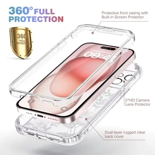 Diaclara Designed for iPhone 15 Plus Case 6.7 Inch Clear Floral Design,Full Body 360 Case w/Built-in Screen Protector+9H Glass Camera Lens Protector (Clear Flower) - 3