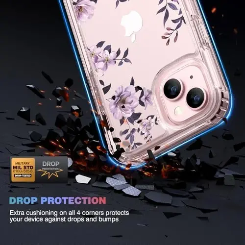 Diaclara Designed for iPhone 15 Plus Case 6.7 Inch Clear Floral Design,Full Body 360 Case w/Built-in Screen Protector+9H Glass Camera Lens Protector (Clear Flower) - 4