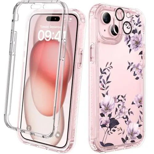 Diaclara Designed for iPhone 15 Plus Case 6.7 Inch Clear Floral Design,Full Body 360 Case w/Built-in Screen Protector+9H Glass Camera Lens Protector (Clear Flower) - 1