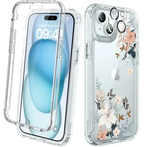 Diaclara Designed for iPhone 15 Plus Clear Flower Butterfly Phone Case 6.7’’, Full Body Rugged Cover w/Built-in Screen Protector+ GlassCamera Lens Protector(Butterfly) - 1