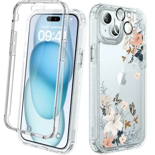 Diaclara Designed for iPhone 15 Plus Clear Flower Butterfly Phone Case 6.7’’, Full Body Rugged Cover w/Built-in Screen Protector+ GlassCamera Lens Protector(Butterfly) - DIACLARA
