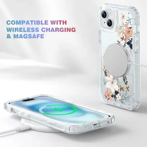 Diaclara Designed for iPhone 15 Plus Clear Flower Butterfly Phone Case 6.7’’, Full Body Rugged Cover w/Built-in Screen Protector+ GlassCamera Lens Protector(Butterfly) - 6