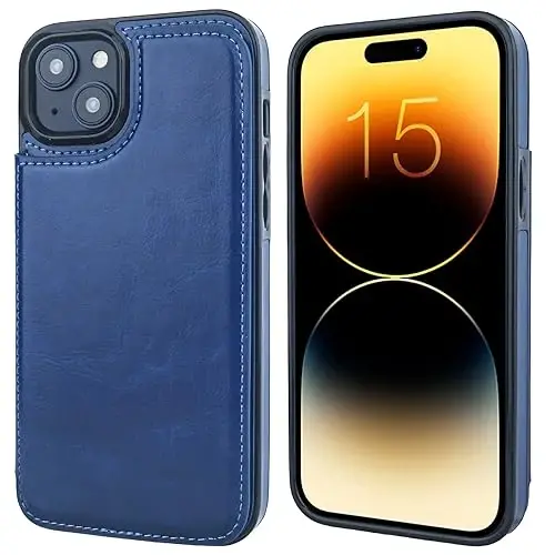 ONETOP Compatible with iPhone 15 Plus Wallet Case with Card Holder, PU Leather Kickstand Card Slots Case, Double Magnetic Clasp and Durable Shockproof Cover 6.7 Inch (Blue) - ONETOP (1)
