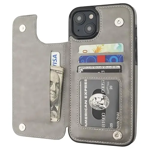 ONETOP Compatible with iPhone 15 Plus Wallet Case with Card Holder, PU Leather Kickstand Card Slots Case, Double Magnetic Clasp and Durable Shockproof Cover 6.7 Inch (Gray) 