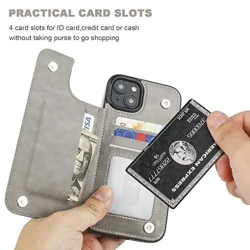 ONETOP Compatible with iPhone 15 Plus Wallet Case with Card Holder, PU Leather Kickstand Card Slots Case, Double Magnetic Clasp and Durable Shockproof Cover 6.7 Inch (Gray) - 8