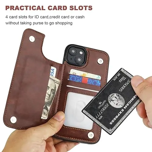 ONETOP Compatible with iPhone 15 Plus Wallet Case with Card Holder, PU Leather Kickstand Card Slots Case, Double Magnetic Clasp and Durable Shockproof Cover 6.7 Inch (Brown) - 3