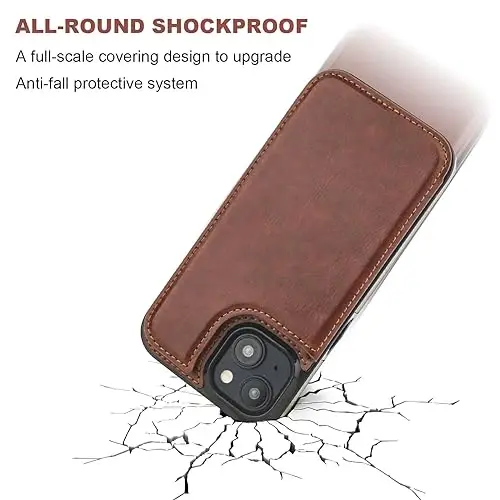 ONETOP Compatible with iPhone 15 Plus Wallet Case with Card Holder, PU Leather Kickstand Card Slots Case, Double Magnetic Clasp and Durable Shockproof Cover 6.7 Inch (Brown) - 5