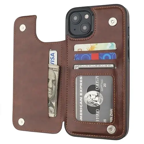 ONETOP Compatible with iPhone 15 Plus Wallet Case with Card Holder, PU Leather Kickstand Card Slots Case, Double Magnetic Clasp and Durable Shockproof Cover 6.7 Inch (Brown) - 6