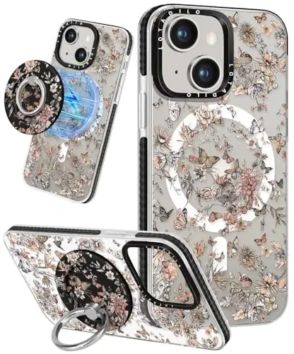 Lotadilo for iPhone 15 Plus Case for Women - Girls Kawaii Design Compatible with Magsafe Magnetic Ring Holder Stand Butterfly Plants Phone Covers Aesthetic Girly TPU Funda for 15 Plus - 1