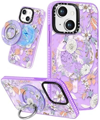 iPhone 15 Plus Kadınlar için Lotadilo Kılıfı - Kız Çocuk Kawaii Tasarımı Magsafe Manyetik Halka Tutucu Stand Mor Çiçekli Telefon Kapakları Estetik Kız TPU Funda 15 Plus için - 1