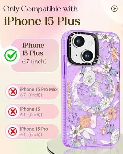 iPhone 15 Plus Kadınlar için Lotadilo Kılıfı - Kız Çocuk Kawaii Tasarımı Magsafe Manyetik Halka Tutucu Stand Mor Çiçekli Telefon Kapakları Estetik Kız TPU Funda 15 Plus için - 2