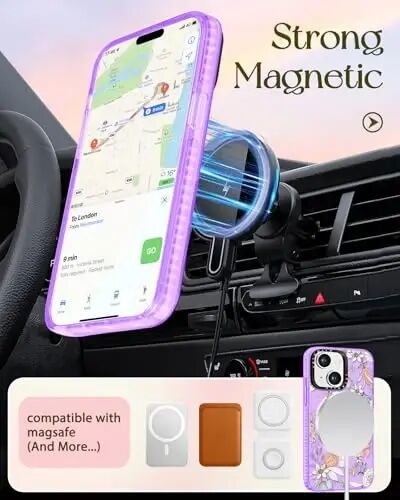 iPhone 15 Plus Kadınlar için Lotadilo Kılıfı - Kız Çocuk Kawaii Tasarımı Magsafe Manyetik Halka Tutucu Stand Mor Çiçekli Telefon Kapakları Estetik Kız TPU Funda 15 Plus için - 5