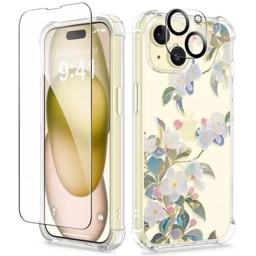 iPhone 15 Plus Kılıf Çiçekli, Ekran Koruyucu ve Kamera Mercek Koruyuculu,[Sararmaz] Kadınlar için Yumuşak Darbeye Dayanıklı Şeffaf Telefon Koruyucu Kılıf, Çiçek Desenli Tasarım 6.7