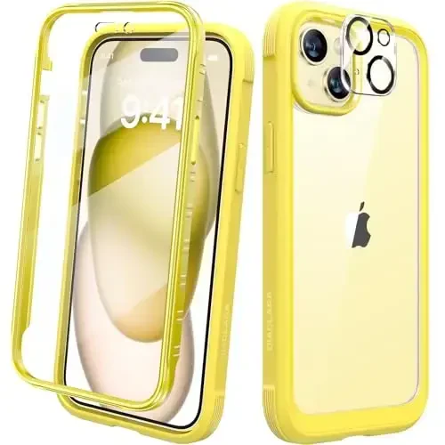 Diaclara Designed for iPhone 15 Plus Case 6.7'', Full-Body Clear Bumper Case with Built-in Screen Protector, 360 Protective Rugged Cover+Tempered Glass Camera Lens Protector,Yellow - 1