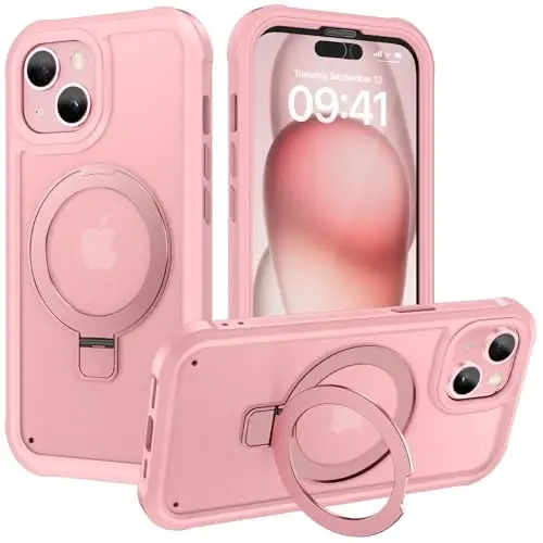 Diaclara Designed for iPhone 15 Plus Case 6.7'', Translucent Matte Back Slim Shockproof Full Body Rugged Case w/Built-in Screen Protector+Ring Stand,Black 