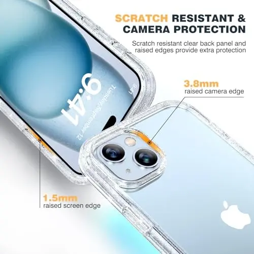 Diaclara Designed for iPhone 15 Plus Case 6.7'', Full Body Rugged Case w/Built-in Touch Sensitive Anti-Scratch Screen Protector+9H Glass Camera Lens Protector, Clear Glitter - 5