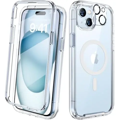 Diaclara Designed for iPhone 15 Plus Case 6.7'', [Compatible with MagSafe] Full Body Rugged Magnetic Case w/Built-in Screen Protector+Glass Camera Lens Protector,Clear-Magnetic - DIACLARA