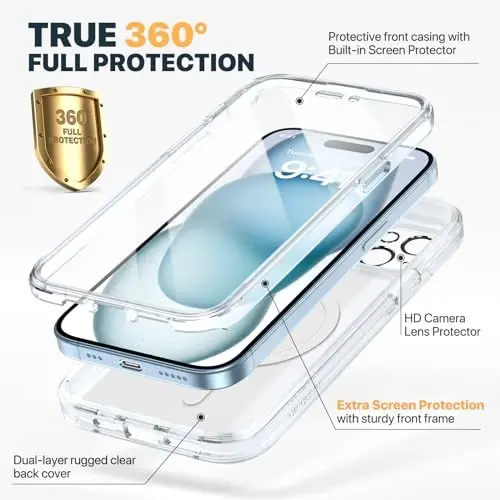 Diaclara Designed for iPhone 15 Plus Case 6.7'', [Compatible with MagSafe] Full Body Rugged Magnetic Case w/Built-in Screen Protector+Glass Camera Lens Protector,Clear-Magnetic - DIACLARA (1)