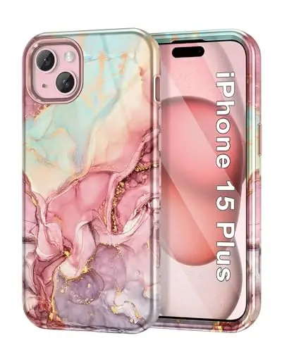 Btscase for iPhone 15 Plus Case 6.7 inch (2023), Marble Pattern 3 in 1 Heavy Duty Full Body Shockproof Hard PC+Soft Silicone Drop Protective Women Girls Cover for iPhone 15 Plus, Rose Gold - 3