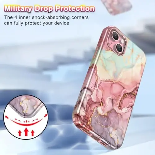Btscase for iPhone 15 Plus Case 6.7 inch (2023), Marble Pattern 3 in 1 Heavy Duty Full Body Shockproof Hard PC+Soft Silicone Drop Protective Women Girls Cover for iPhone 15 Plus, Rose Gold - 2