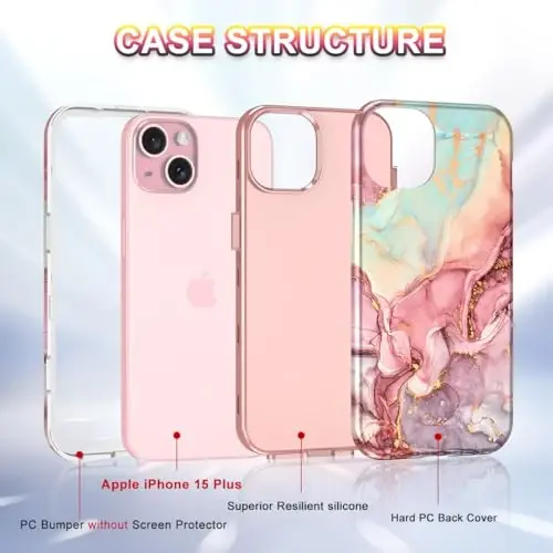 Btscase for iPhone 15 Plus Case 6.7 inch (2023), Marble Pattern 3 in 1 Heavy Duty Full Body Shockproof Hard PC+Soft Silicone Drop Protective Women Girls Cover for iPhone 15 Plus, Rose Gold - 5