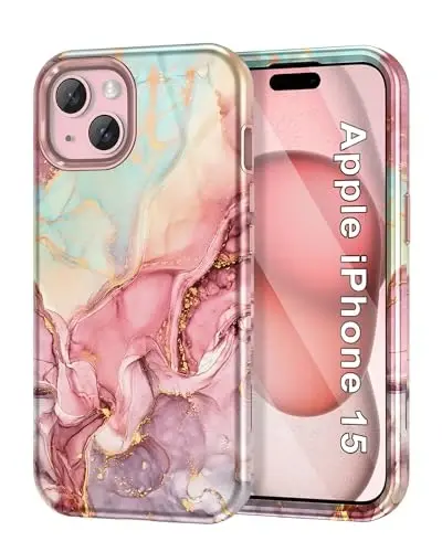 Btscase for iPhone 15 Case 6.1 inch (2023), Marble Pattern 3 in 1 Heavy Duty Shockproof Full Body Hard PC+Soft Silicone Drop Protective Women Girls Cover for iPhone 15, Rose Gold - 1