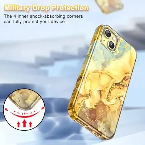 Btscase for iPhone 15 Plus Case 6.7 inch (2023), Marble Pattern 3 in 1 Heavy Duty Full Body Shockproof Hard PC+Soft Silicone Drop Protective Women Girls Cover for iPhone 15 Plus, Amber Yellow - 4