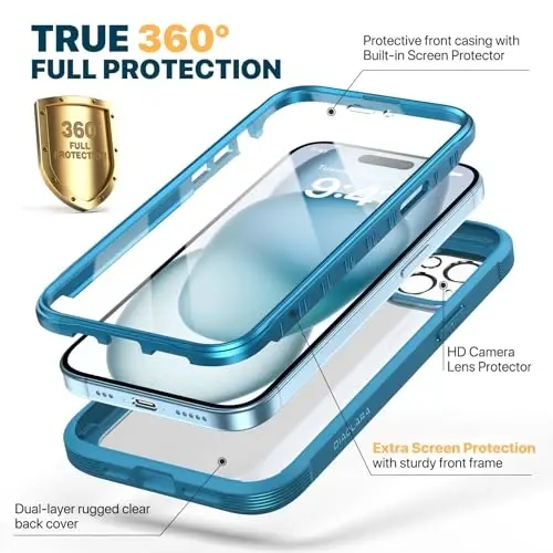 Diaclara Designed for iPhone 15 Plus Case 6.7 Inch,Full Body Rugged Clear Bumper Case w/Built-in Touch Sensitive Anti-Scratch Screen Protector+9H Tempered Glass Camera Lens Protector,Sea Blue - DIACLARA (1)