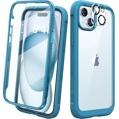 Diaclara Designed for iPhone 15 Plus Case 6.7 Inch,Full Body Rugged Clear Bumper Case w/Built-in Touch Sensitive Anti-Scratch Screen Protector+9H Tempered Glass Camera Lens Protector,Sea Blue 