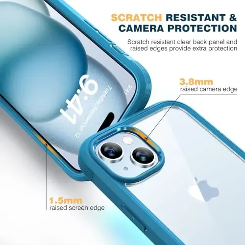 Diaclara Designed for iPhone 15 Plus Case 6.7 Inch,Full Body Rugged Clear Bumper Case w/Built-in Touch Sensitive Anti-Scratch Screen Protector+9H Tempered Glass Camera Lens Protector,Sea Blue - 5