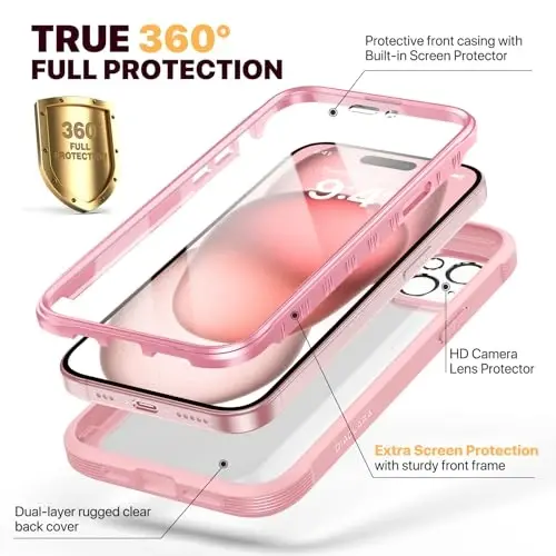 Diaclara Designed for iPhone 15 Plus Case 6.7 Inch,Full Body Rugged Case with Built-in Touch Sensitive Anti-Scratch Screen Protector+9H Tempered Glass Camera Lens Protector, Coral Pink - 2