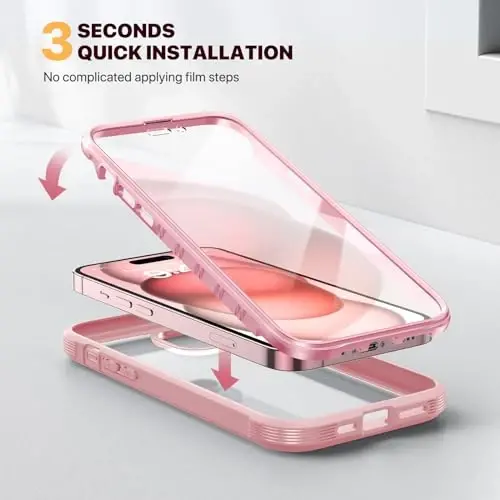 Diaclara Designed for iPhone 15 Plus Case 6.7 Inch,Full Body Rugged Case with Built-in Touch Sensitive Anti-Scratch Screen Protector+9H Tempered Glass Camera Lens Protector, Coral Pink - DIACLARA (1)