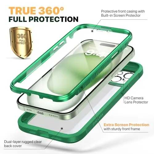 Diaclara Designed for iPhone 15 Plus Case 6.7 Inch, Full-Body Clear Bumper Cases w/Built-in Screen Protector, 360 Protective Rugged Case + Glass Camera Lens Protector,Mint Green - DIACLARA (1)