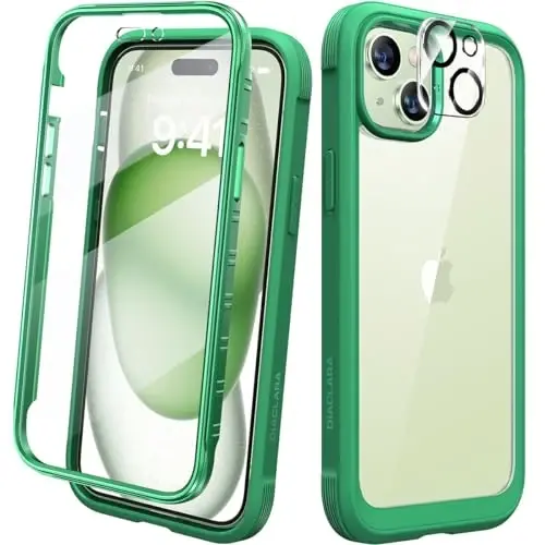 Diaclara Designed for iPhone 15 Plus Case 6.7 Inch, Full-Body Clear Bumper Cases w/Built-in Screen Protector, 360 Protective Rugged Case + Glass Camera Lens Protector,Mint Green - 1