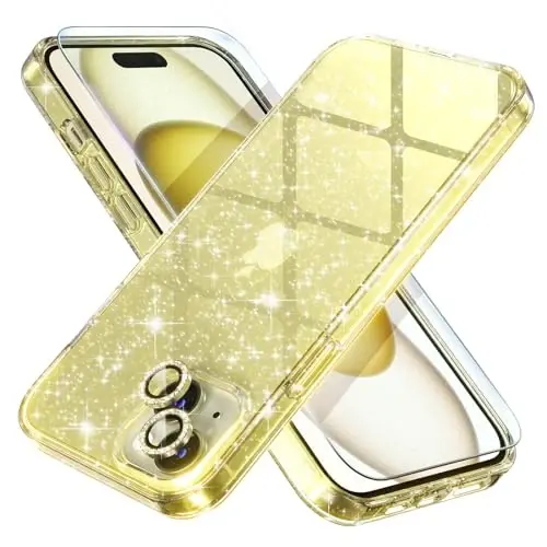 Choiche Compatible for iPhone 15 Plus Case Women Phone Case, Cute Bling Sparkly, Military Grade Drop Protection, 2 Diamond Camera Lens Covers, 2 Tempered Glass Protectors, 6.7 inch (Glitter Yellow) - 1