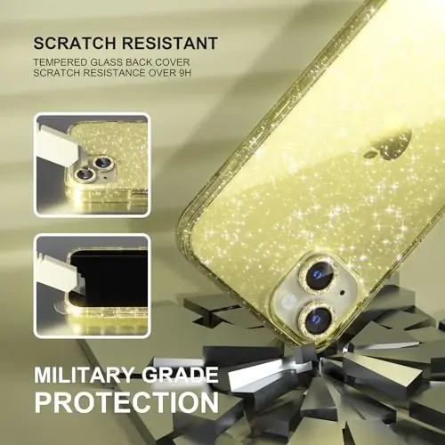 Choiche Compatible for iPhone 15 Plus Case Women Phone Case, Cute Bling Sparkly, Military Grade Drop Protection, 2 Diamond Camera Lens Covers, 2 Tempered Glass Protectors, 6.7 inch (Glitter Yellow) - 5