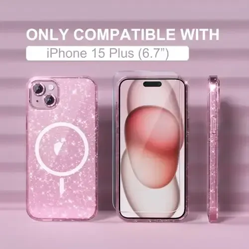 Choiche Compatible for iPhone 15 Plus Case Magnetic, Women Clear Glitter Sparkly Case, [2xDiamond Camera Lens Protectors] [2xTempered Glass Screen Protectors] [Compatible MagSafe] (Glitter Pink) - CHOICHE (1)