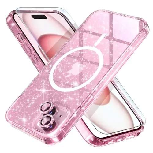 Choiche Compatible for iPhone 15 Case Magnetic, Women Clear Glitter Bling Sparkly Case, [2xDiamond Camera Lens Protectors] [2xTempered Glass Screen Protectors] [Compatible MagSafe] (Glitter Pink) - CHOICHE (1)