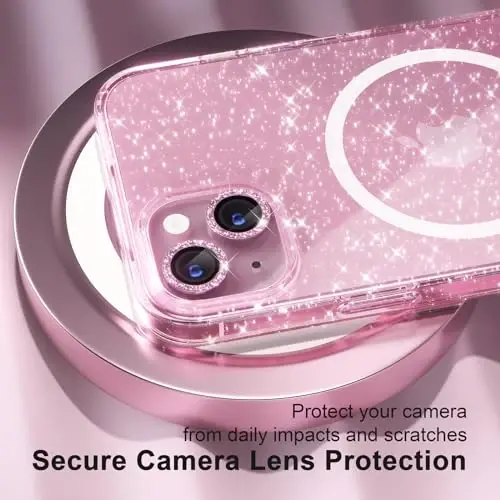 Choiche Compatible for iPhone 15 Case Magnetic, Women Clear Glitter Bling Sparkly Case, [2xDiamond Camera Lens Protectors] [2xTempered Glass Screen Protectors] [Compatible MagSafe] (Glitter Pink) - 3