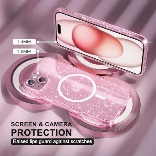 Choiche Compatible for iPhone 15 Case Magnetic, Women Clear Glitter Bling Sparkly Case, [2xDiamond Camera Lens Protectors] [2xTempered Glass Screen Protectors] [Compatible MagSafe] (Glitter Pink) - 4