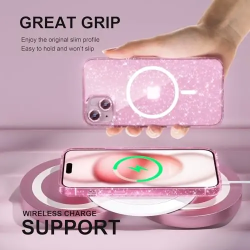 Choiche Compatible for iPhone 15 Case Magnetic, Women Clear Glitter Bling Sparkly Case, [2xDiamond Camera Lens Protectors] [2xTempered Glass Screen Protectors] [Compatible MagSafe] (Glitter Pink) - 6