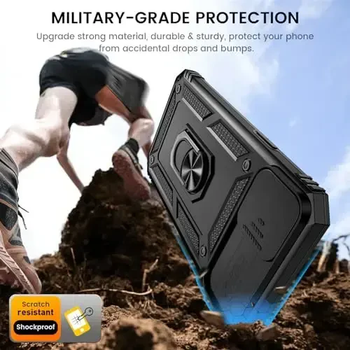 Goton for iPhone 15 Plus Case with Screen Protector - Slide Camera Cover Protective Phone Case with Ring Stand, Heavy Duty Shockproof Rugged Bumper for iPhone 15 Plus Accessories Black - 5