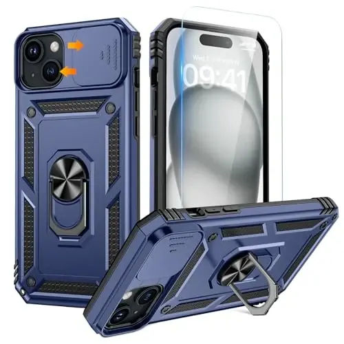 Goton for iPhone 15 Plus Case with Screen Protector - Slide Camera Cover Protective Phone Case with Ring Stand, Heavy Duty Shockproof Rugged Bumper for iPhone 15 Plus Accessories Blue 