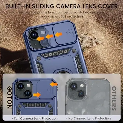 Goton for iPhone 15 Plus Case with Screen Protector - Slide Camera Cover Protective Phone Case with Ring Stand, Heavy Duty Shockproof Rugged Bumper for iPhone 15 Plus Accessories Blue - 3